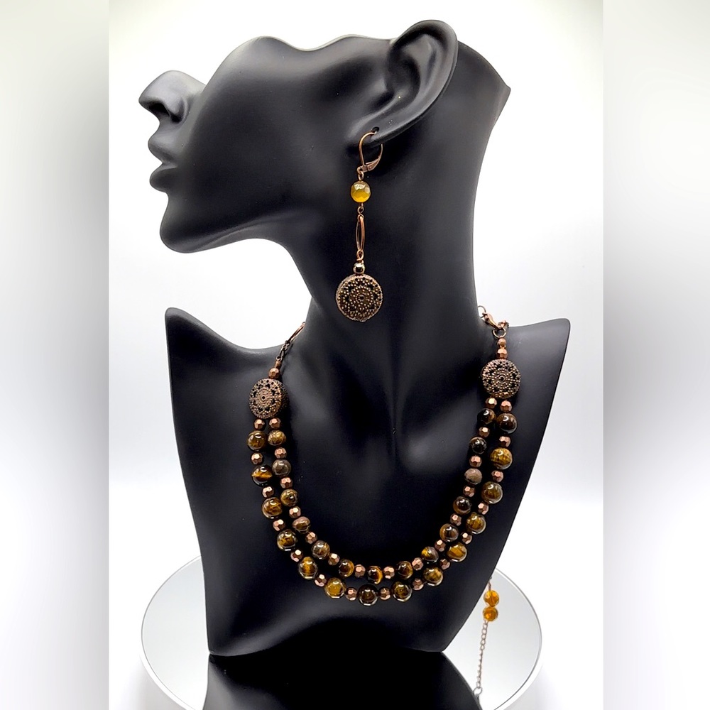 *RARE* Antique Style Copper Tigers Eye Beaded Necklace Earring Set